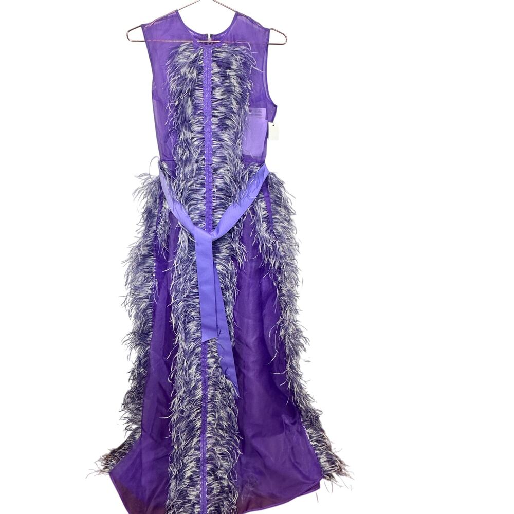 HUISHAN ZHANG Women's Purple 100% Silk Beau Feather Trim Maxi Gown Size US 6 - Picture 6 of 16